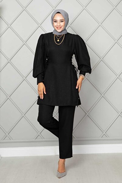 EBRUTESETTÜR طقم من قطعتين من الكتان برباط جانبي باللون الأسود