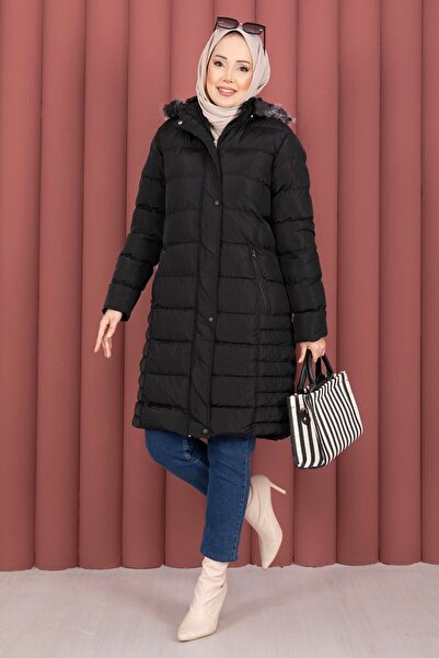 EBRUTESETTÜR Fur Hooded Zippered Puffer Coat Black