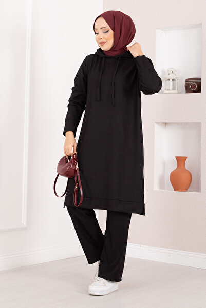 AZR قماش مجدّل بغطاء رأس طقم ملابس إسلامية مكون من قطعتين باللون الأسود