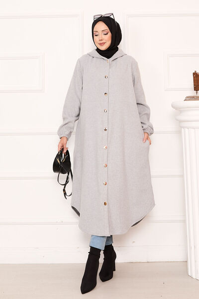 EBRUTESETTÜR Kapüşonlu Boydan Düğmeli Kaşe Kap Gri