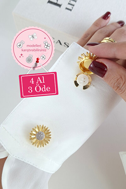 Norevia 4 Al 3 Öde Altın Kaplama Papatya Figürlü yaka ve Kol Düğmesi Kapağı v...