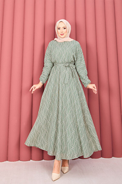 EBRUTESETTÜR فستان حجاب بحزام مزخرف بالدانتيل بلون النعناع