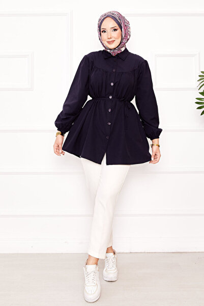 EBRUTESETTÜR Roba Gathered Waist Lace-Up Hijab Shirt Navy Blue