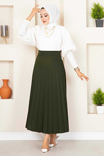 Generic Brand Elastic Waist Pleated Hijab Skirt Khaki