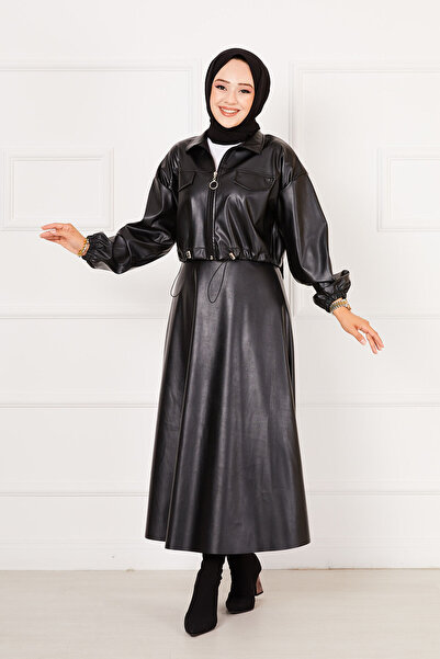 EBRUTESETTÜR بدلة جلدية مع تنورة باللون الأسود