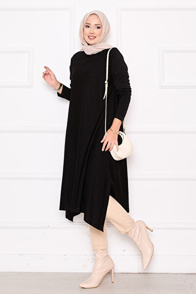 EBRUTESETTÜR توب تريكو مولانا بتفاصيل شق وبريق لامع باللون الأسود