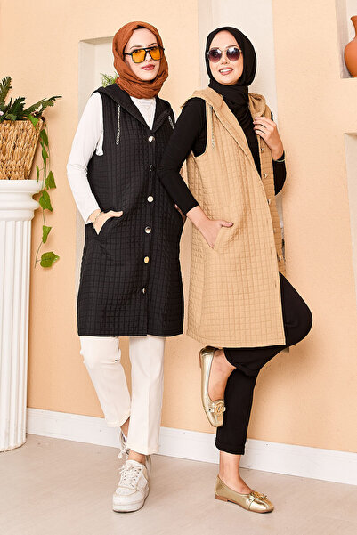 EBRUTESETTÜR Hooded Gold Button Detailed Quilted Vest Black