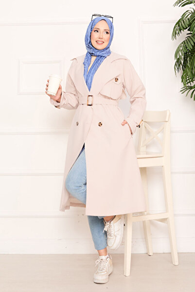EBRUTESETTÜR Aller Detailed Belted Hijab Trench Coat Stone
