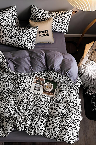 Always Lastikli Çarşaflı Çift Taraflı Çift Kişilik Nevresim Takımı Gri-Leopar