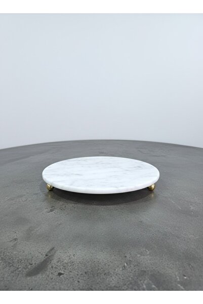 FARALYAHOME Mermer 28 Cm Gold Boncuk Ayaklı Yuvarlak Sunum Tepsisi Beyaz