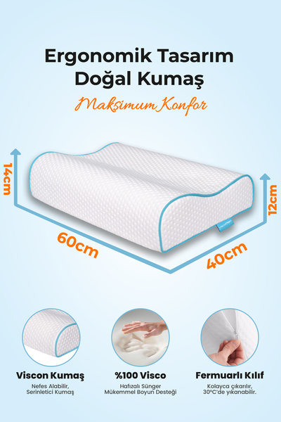 Viscofoam Yüksek Boyun Destekli Ortopedik Yastık Çift Boyun Destekli Visco Yastık - 60x40x14-12cm