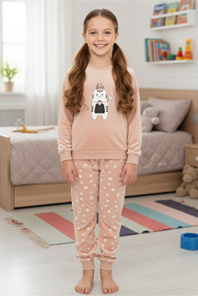 DOFİ Kız Çocuk Somon Kedi Desenli Süpersoft Pijama Takımı