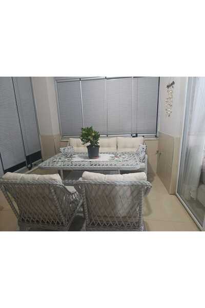 Tu Tienda KAŞ ALÜMİNYUM 3+1+1+MASA(80*140) RATTAN BAHÇE BALKON MUTFAK TAKIMI,KREM KUMAŞ/BEYAZ RATTAN