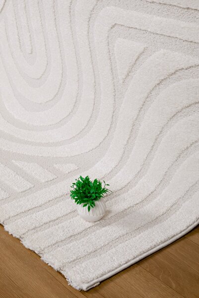 Valery Home Nero Antialerjik Yumuşacık Peluş Tuşeli Krem Dokuma Halı Salon Mu...