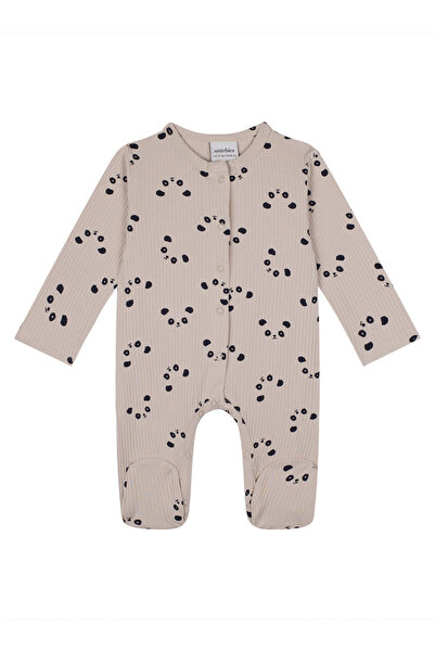 Antebies Beige Panda Patterned Bamboo Fabric Snap Fastener Long Sleeve Baby B...