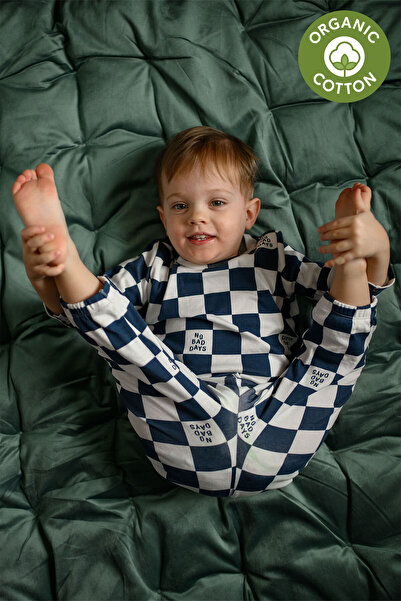 Antebies Organik, Beyaz- Lacivert “No Bad Days”Desen, Bel Lastikli Uzun Kol E...