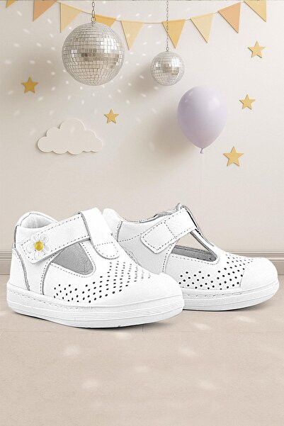 Rakerplus Shaun Genuine Leather White Daisy Detailed Velcro Anatomical Baby S...