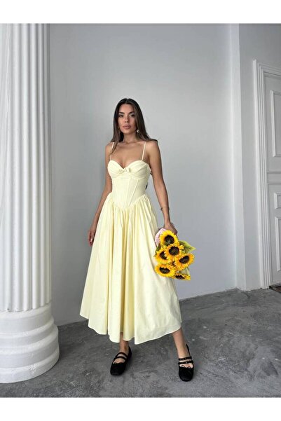 Genel Markalar ROSESA KORSAJ DETAY MİDİ POPLİN SARI ELBİSE 1210