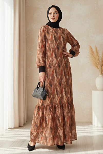 Bestenur Crew Neck Patterned Dress 1511 - Khaki