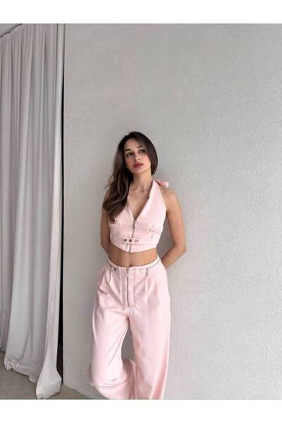 MAXMOOR DUALS FERMUARLI SIRT DEKOLTELİ CROP PANTOLON PEMBE TAKIM