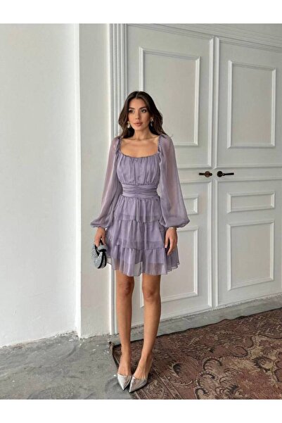 Genel Markalar Kadın Lila Fırfırlı Kısa Şifon Tül Elbise