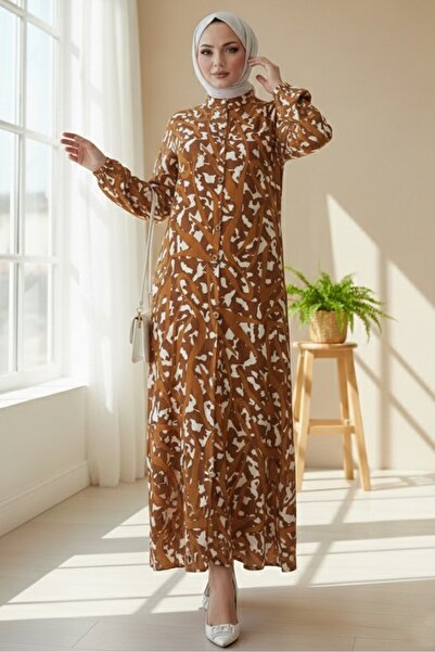 Bestenur Stripe Pattern Buttoned Woven Viscose Dress 1481 - Brown