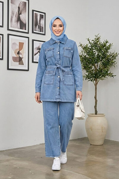 Women's Stone Detailed Tunic and Trousers Denim Blue Double Set