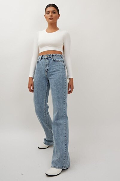 DRC trend 90s Blue - بنطال جينز Palazzo فضفاض متوسط الداكن من الليكرا عالي الخصر