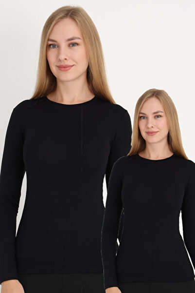 MissKATRE Women's Long Sleeve 2-Pack Plain Collar Bodysuit Black