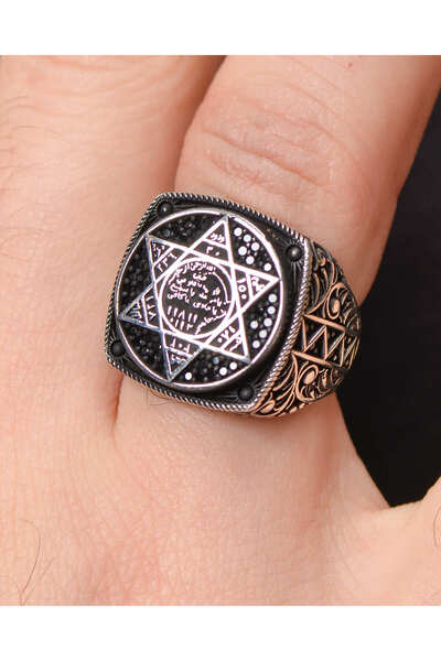 Prestige Gümüş Erkek Yüzük Hz. Süleyman Mührü Mikro Taş Süslemeli