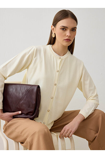 Refka Cardigan tricotat clasic cu gât rotund, nasturi aurii, față închisă - c...