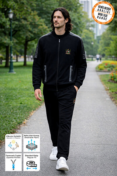 BESSA Black Tracksuit Set with Palestine Emblem Printed Zipper Pockets and Pa...