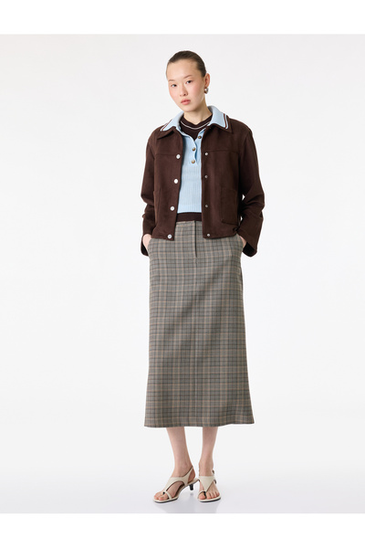 Koton Plaid Pencil Skirt with Slit Detail