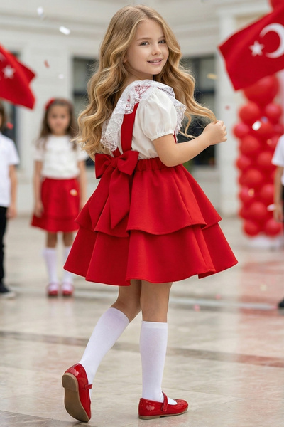 Parla Kids فستان هيلين باللون الأحمر للفتيات بحزام جلدي، فستان 29 أكتوبر، دان...