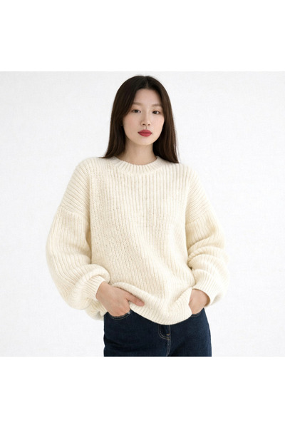 ModaAzen Ecru Crew Neck Oversize Women's Knitwear Sweater