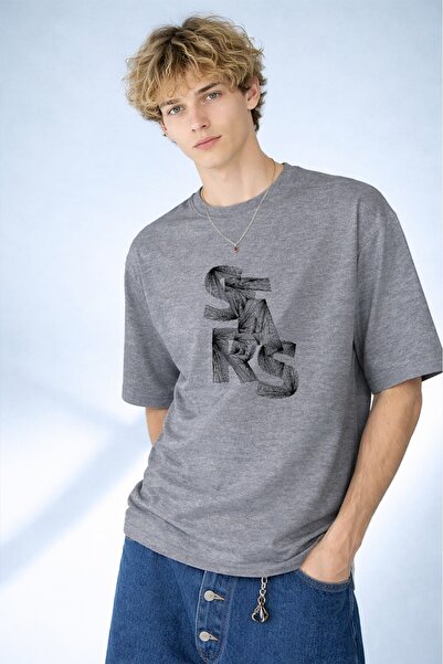 caddekombin Men's Stars Written Rope Art Design Crew Neck Gray T-Shirt