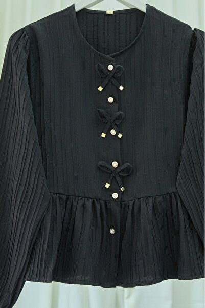 Modamorfo بلوزة بأزرار وأكمام مطاطية مع تفاصيل فيونكة في الأمام - أسود