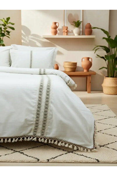 NDC HOME BATTAL Size Cream Brown Lace Duvet Cover Set