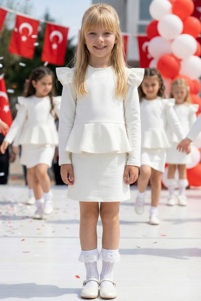 Parla Kids فستان ديانا للفتيات بلون كريمي مع تنورة مكشكشة وتفاصيل مكشكشة وأكم...