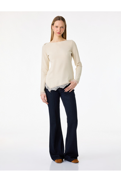 Koton Lace Detailed Asymmetrical Cut Boat Neck Long Sleeve T-Shirt
