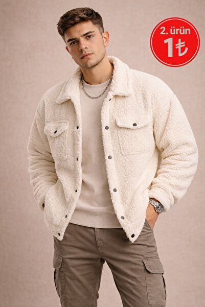 Polo State Erkek Oversize İçi Polarlı Peluş Sherpa Ceket Ekru