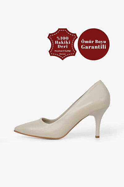 Grasyano Hakiki Deri Stiletto Krem Bej Ekru Sivri Burun Yumuşak Deri Sade Kla...