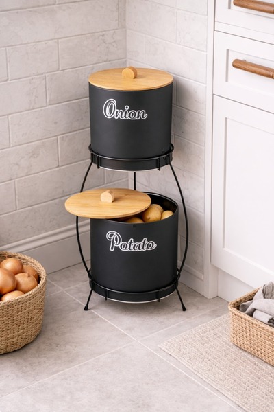 decorev Bambu Kapaklı Metal Patates Soğanlık Siyah STANDLI DC-7100