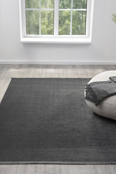 CASERA HOME Zen Antrasit Kaymaz Taban Makinede Yıkanabilir Dokuma Kilim Yolluk