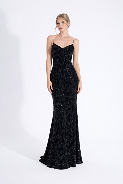 HOX'S Clara | Pul Payetli Kadife İnce Askılı Maxi Balık Abiye Elbise - Siyah