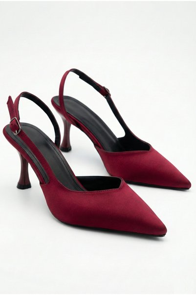 Redoxy Women's Burgundy Satin Design Asymmetrical Strap Pointed Toe Thin Heeled Shoes