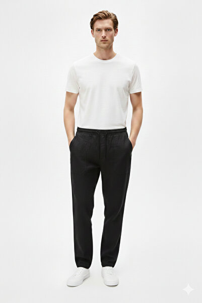 Kozik Men's Black Linen Blend Relaxed Fit Pants Comfortable Cut