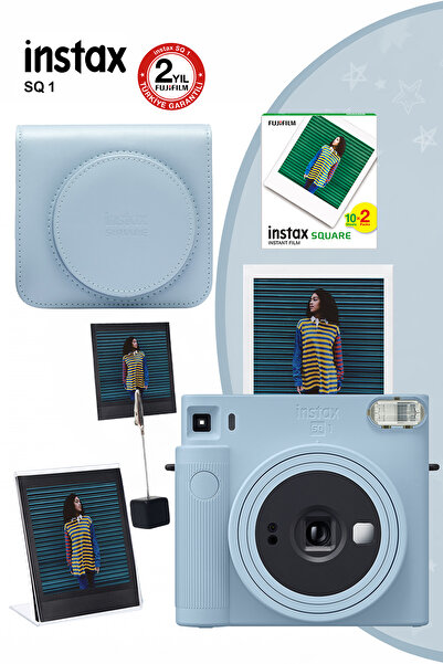 Fujifilm Instax SQ1 Buz Mavi Fotoğraf Makinesi 20li Kare Film Deri Kılıf Plek...
