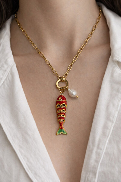 Modex قلادة من الفولاذ المقاوم للصدأ بتفاصيل لؤلؤية على شكل هيكل السمكة (46 سم)