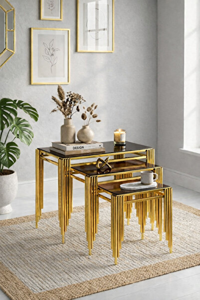 ARS Home ZİGON SEHPA 3 lü sehpa PİANO SEHPA gold ayaklı sehpa modern sehpa iç...